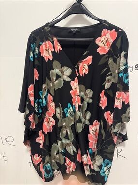 Lilly Morgan  Black Floral V-Neck Tunic with Coral and Teal Blooms